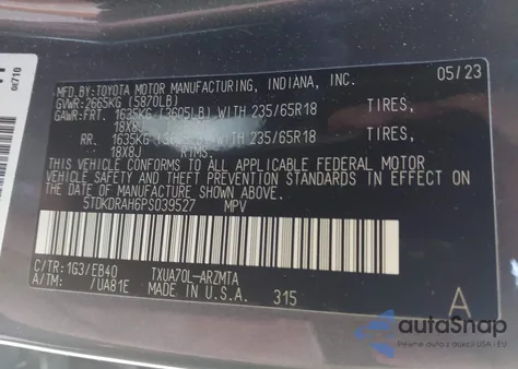 2023 Toyota Highlander Xle из США, поврежденный, VIN 5TDKDRAH6PS039527